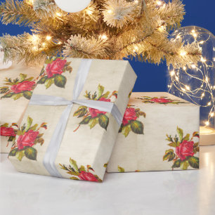 Papel De Presente Pergaminho Vintage com Padrão Floral de Rosa verme