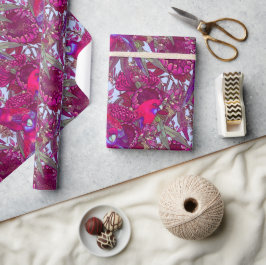 Papel De Presente Periquito Rosella Carmesim e Padrão de Flor Silves