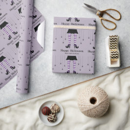 Papel De Presente Pernas de Bruxa Roxa e Aranhas Padrão de Halloween