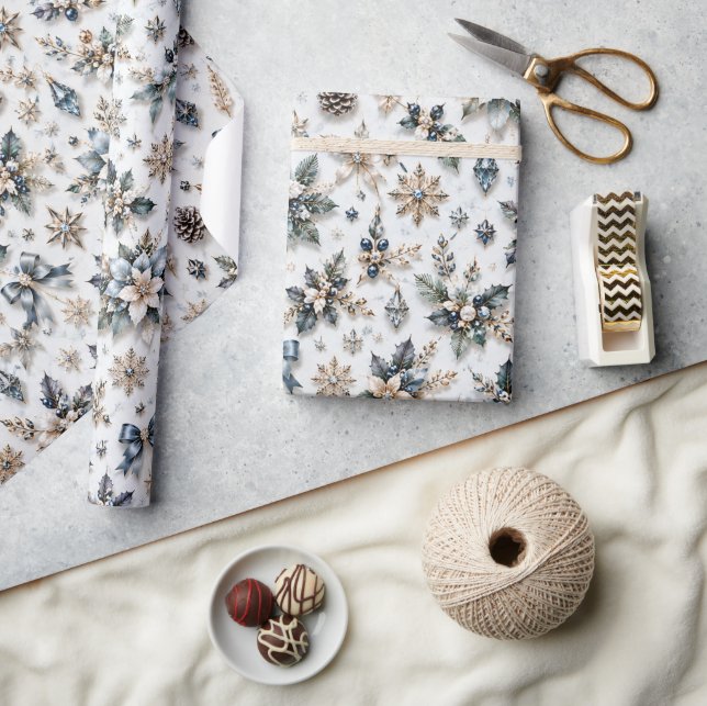 Papel De Presente Pérola de Inverno Azul Prata Natal (Artesanato)