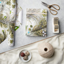 Papel De Presente Pérola de Miçangas Elegante Verde e Dourada Enrola