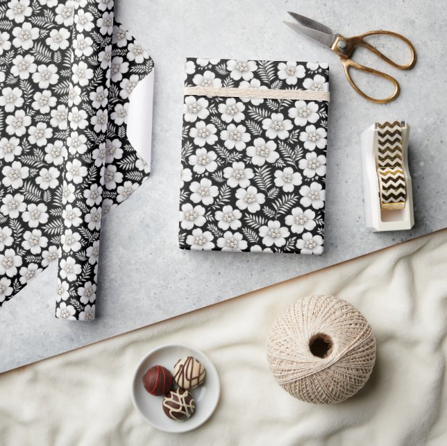 Papel De Presente Pérolas Brancas em Padrão de Flores (Artesanato)