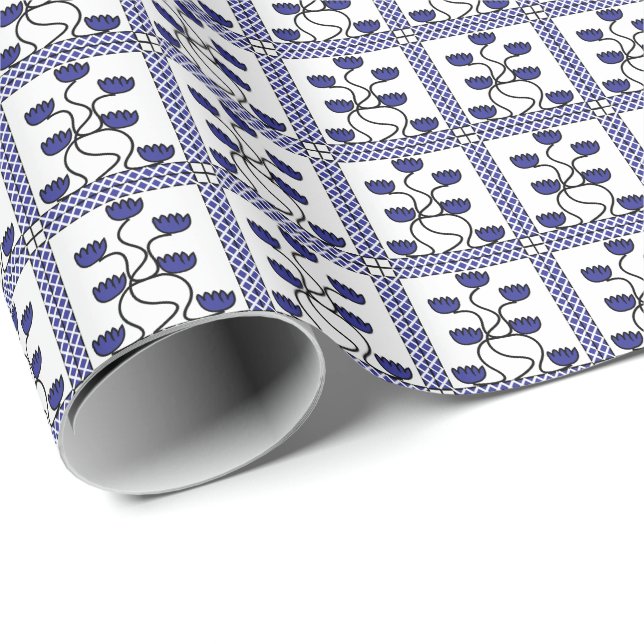 Papel De Presente Persa Asiático Azul Floral Geométrico (Ponta do rolo)
