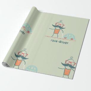 Papel De Presente Personagem de Bigode de Piloto de Corrida Engraçad