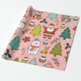 Papel De Presente Personagem de desenho animado, pinheiros e natal,