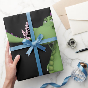 Papel De Presente Personagem de Dinossauro Verde com Espinhos Roxos