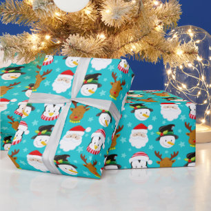 Papel De Presente Personagens de Natal Fofo em Azul