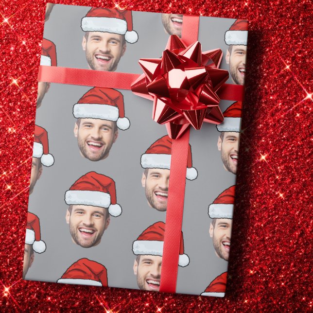 Papel De Presente Personalised Face Santa Hat Grey Gift Wrap (Criador carregado)