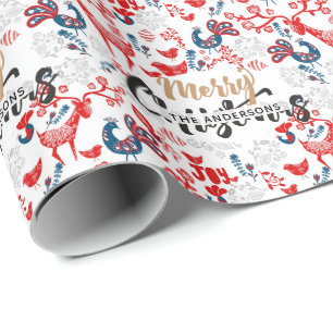 Papel De Presente Personalizado Arte Folclórica Natal RED BLUE Stags