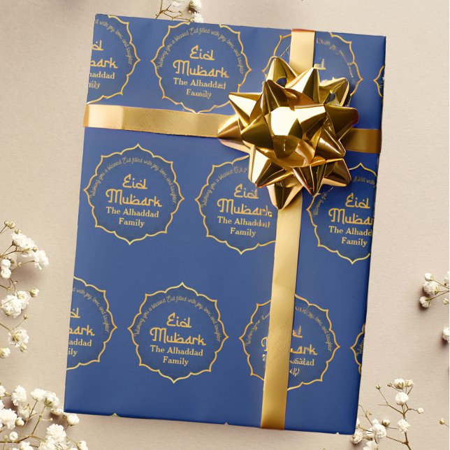 Papel De Presente Personalizado com o nome Blue e Dourado Eid Mubara (Criador carregado)
