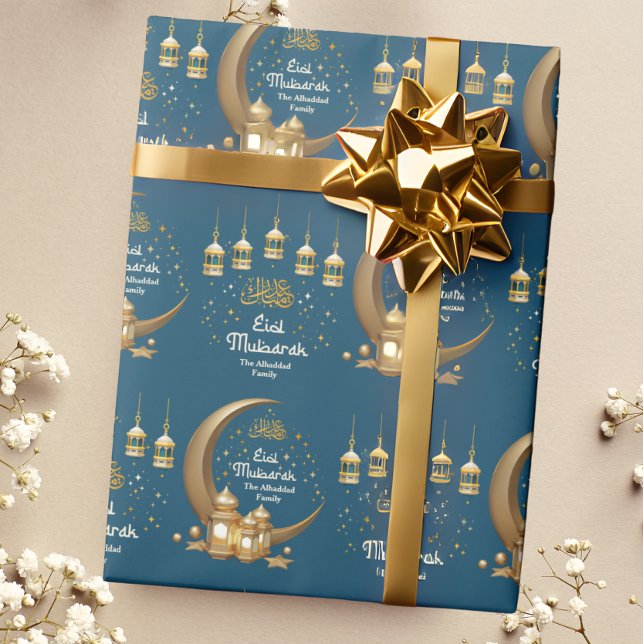 Papel De Presente Personalizado com o nome Teal e Eid Mubarak Dourad (Criador carregado)