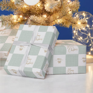 Papel De Presente Personalizado Natal Alegre em Xadrez Verde Sálvia