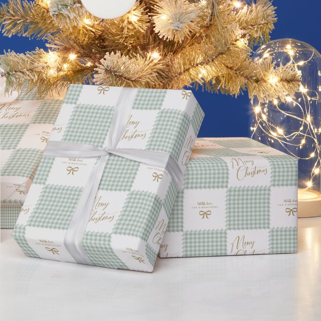 Papel De Presente Personalizado Natal Alegre em Xadrez Verde Sálvia (Feriados)