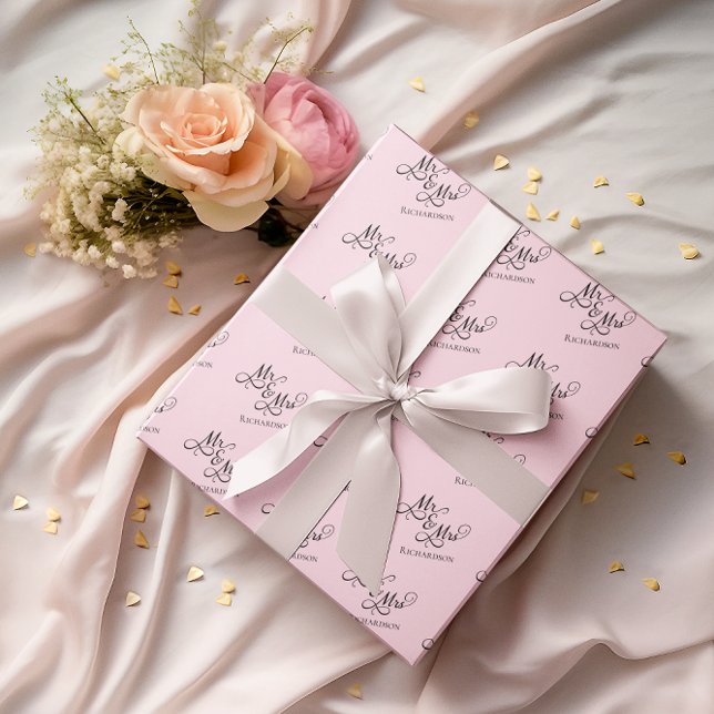 Papel De Presente Personalizado Rosa, Sr. e Sra. Script (elegant pink Mr and Mrs wrapping paper with script calligraphy for newlywed couples anniversaries)