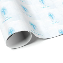 Papel De Presente Personalizar, Cruz da Primeira Comunhão Menino Azu