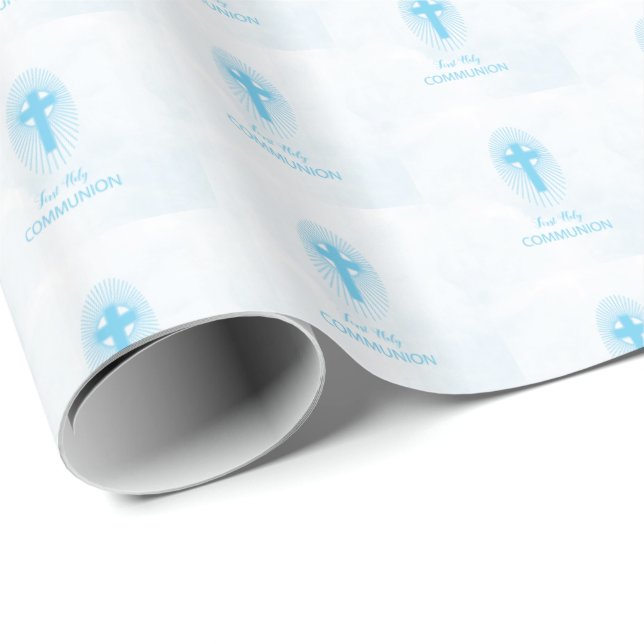 Papel De Presente Personalizar, Cruz da Primeira Comunhão Menino Azu (Ponta do rolo)