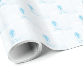 Papel De Presente Personalizar, Cruz da Primeira Comunhão Menino Azu