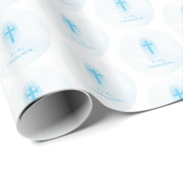 Papel De Presente Personalizar, Cruz da Primeira Comunhão Menino Azu