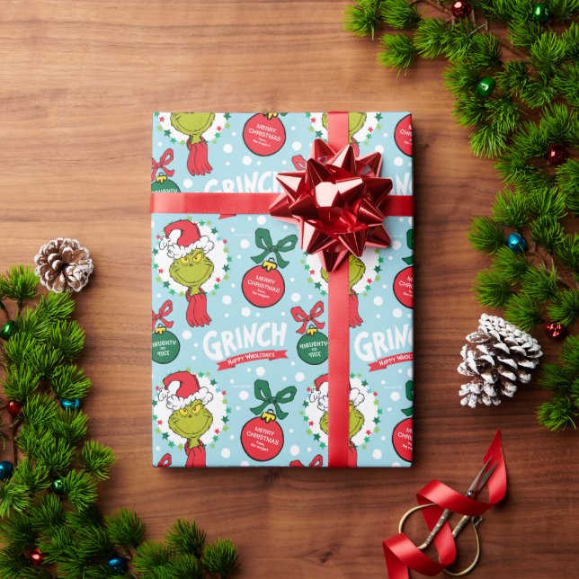 Papel De Presente Personalizar Nome - Grinch com Enfeites (Presente de Natal)