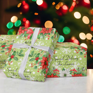 Papel De Presente Personalizar nome Poinsettia de Natal Flocos de Ne