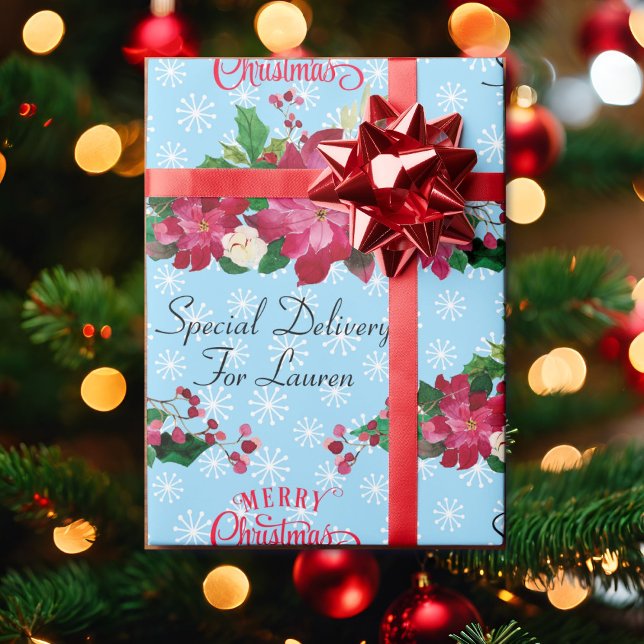 Papel De Presente Personalizar Nome Poinsettia Snowflakes Natal W (Criador carregado)