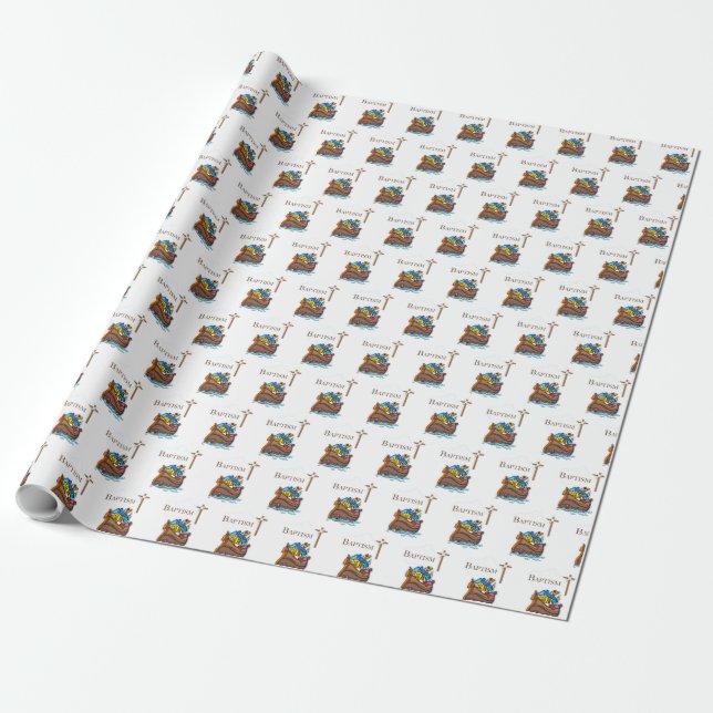 Papel De Presente Personalizável, Arca de Noé do Batismo de Menino (Desenrolado)