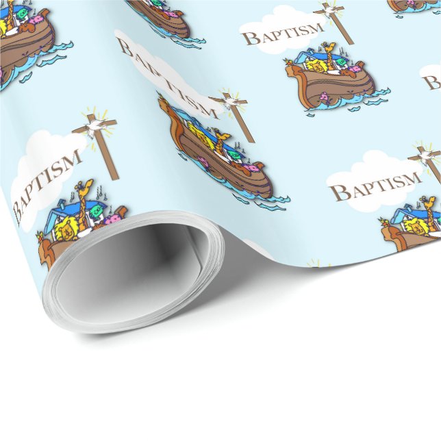 Papel De Presente Personalizável, Arca de Noé do Batismo de Menino (Ponta do rolo)
