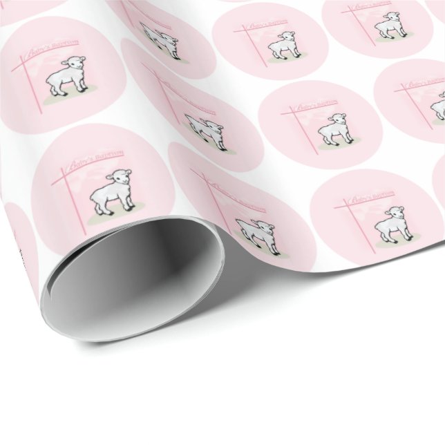 Papel De Presente Personalizável, Batismo, Rosa, Menina, Cordeiro (Ponta do rolo)
