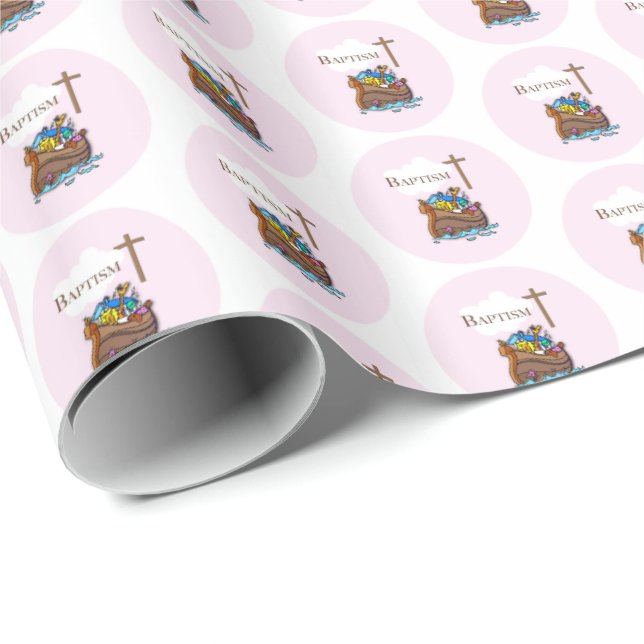 Papel De Presente Personalizável, Menina Batismo Arca de Noé (Ponta do rolo)