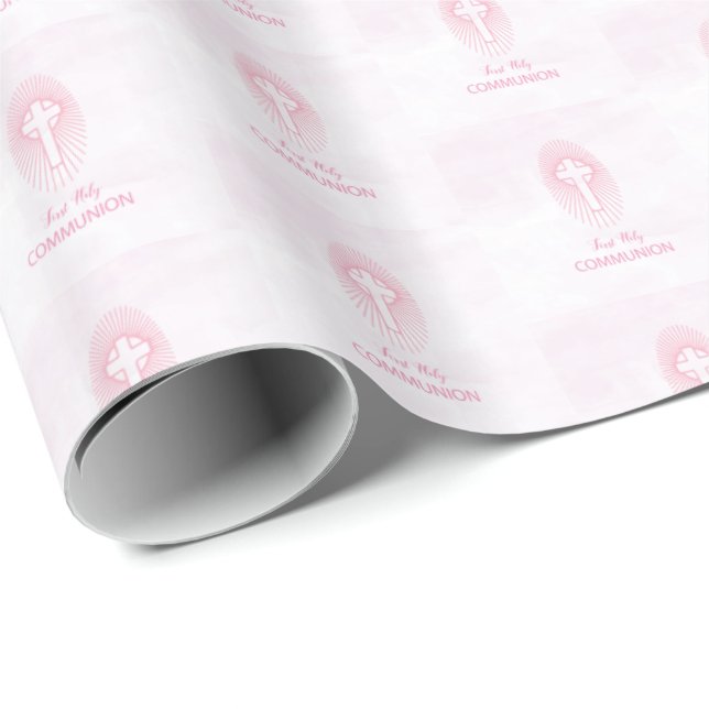 Papel De Presente Personalize, Cruz da Primeira Comunhão Rosa (Ponta do rolo)