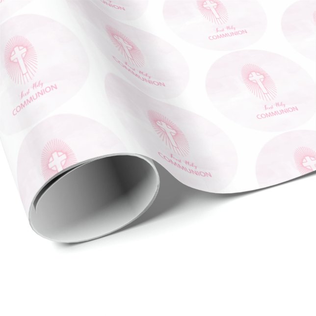 Papel De Presente Personalize, Cruz da Primeira Comunhão Rosa (Ponta do rolo)