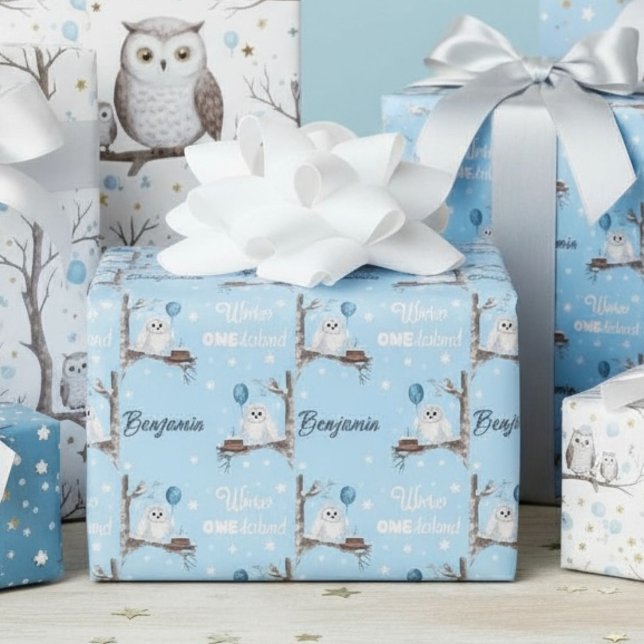 Papel De Presente Personalize Snowy Owl Winter Onederland Aniversári (Criador carregado)