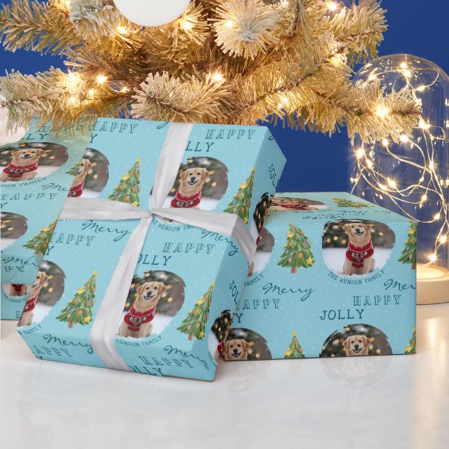 Papel De Presente Personalized Dog and Family Photo Christmas Tree (Feriados)