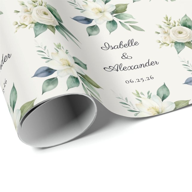 Papel De Presente Personalized Elegant Floral Script Names Wedding (Ponta do rolo)