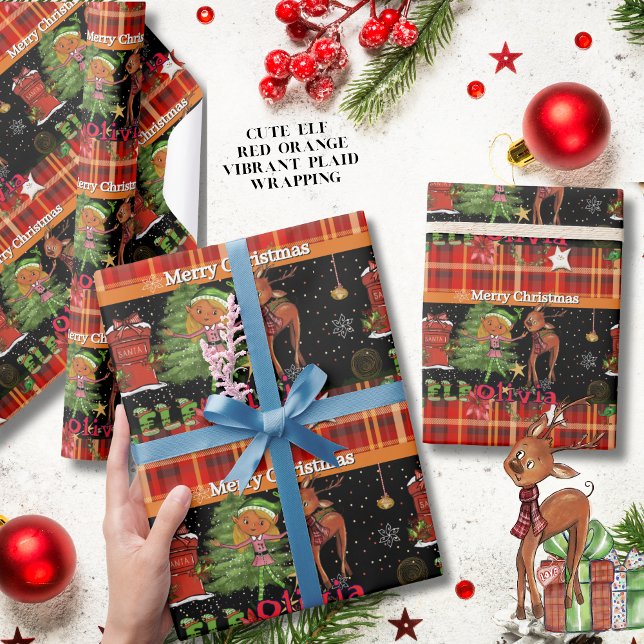 Papel De Presente Personalized Elf Girl Name Christmas | Red Plaid (Personalized Elf Girl Name Christmas  Red Plaid Wrapping Paper)