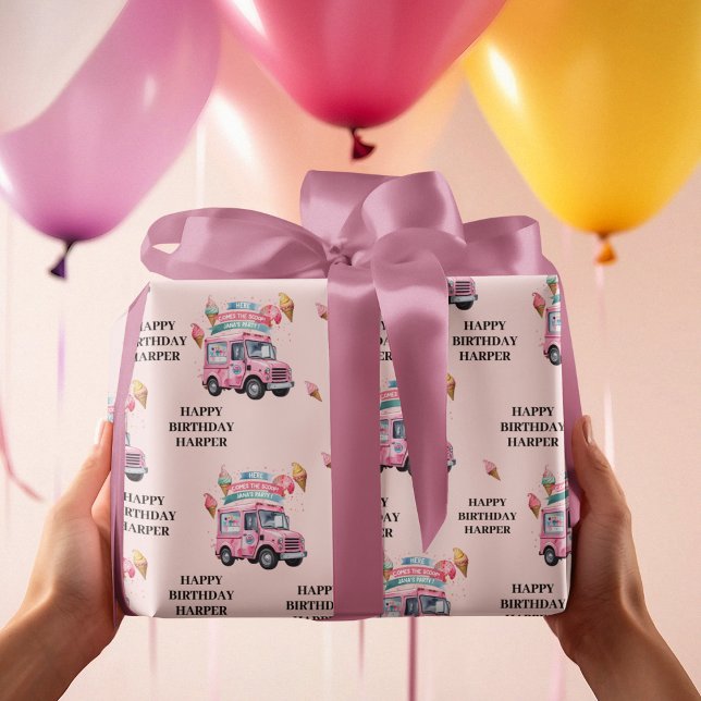 Papel De Presente Personalized Ice Cream Truck Pink Birthday (Criador carregado)