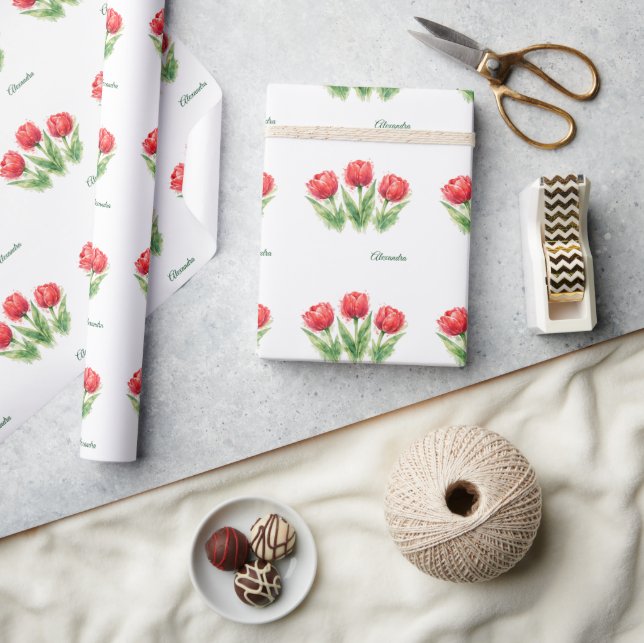 Papel De Presente Personalized Watercolor Red Tulips Tote Bag (Artesanato)