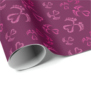 Papel De Presente Pés-Bebês e Corações com brilho rosa