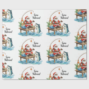 Papel De Presente Pesca do Papai Noel sentado pescando no Natal
