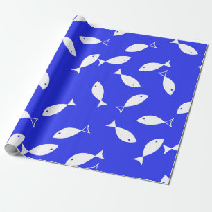 Papel De Presente Pescado Branco Azul Fundo Capitão Tema do Mar
