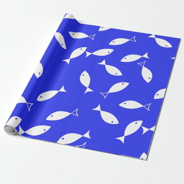 Papel De Presente Pescado Branco Azul Fundo Capitão Tema do Mar (Desenrolado)