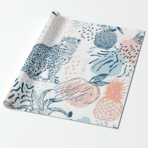 Papel De Presente Pêssego Azul Leopardo Tropical Abstrato