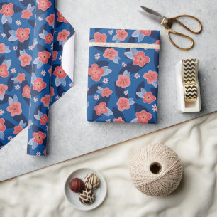 Papel De Presente Pêssego azul marinho floral aniversário
