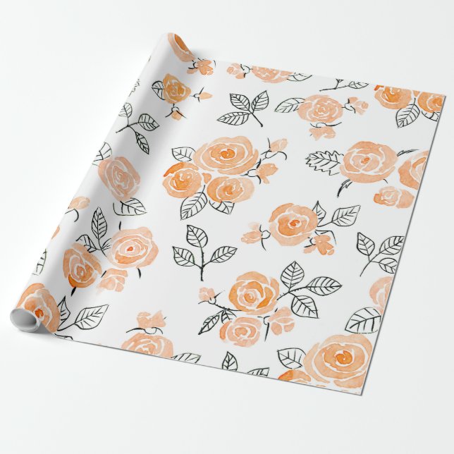 Papel De Presente Pêssego de rosas de aquarela (Desenrolado)