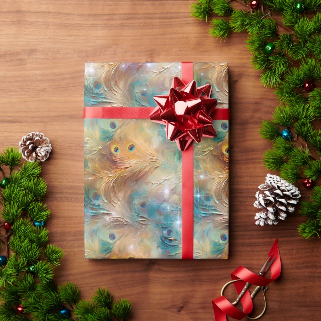Papel De Presente Pêssego Dourado Pena de Pavão Aniversário (Presente de Natal)