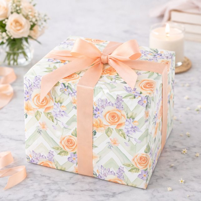 Papel De Presente Pêssego Pastel Lavanda Floral Salvia Chevron Anive (Criador carregado)