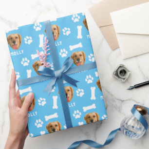 Papel De Presente Pet de Cão Personalizado Foto e Nome Azul