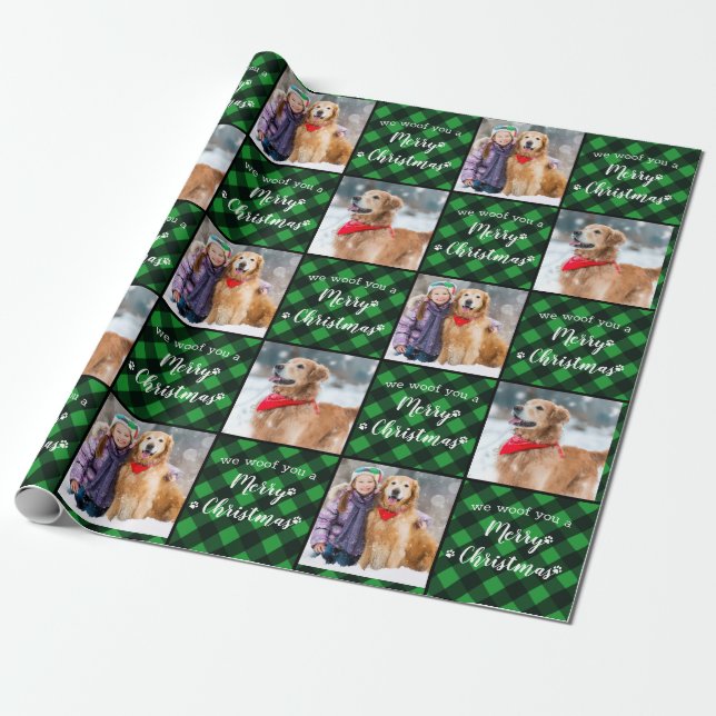 Papel De Presente Pet Photo Green Buffalo Xadrez Wory Feliz Natal (Desenrolado)