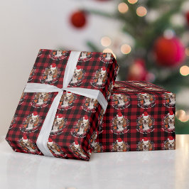 Papel De Presente Pet Photo Santa Hat e Xadrez de Buffalo Vermelho