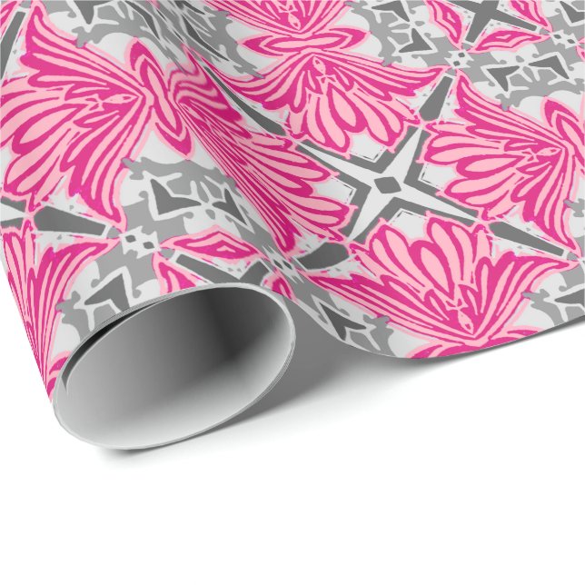 Papel De Presente Pétalas de Flor de abstrato Fuchsia Rosa e Cinza (Ponta do rolo)